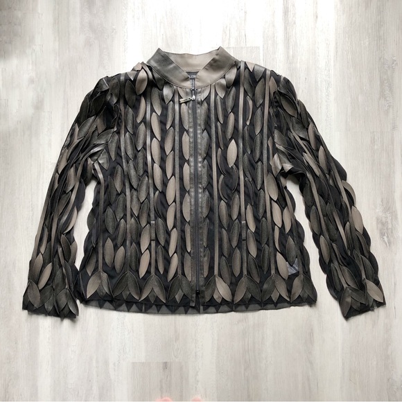 Frank Lyman Laser Cut Bronze Leaf Faux Leather Zip Up Jacket Size 18 - Picture 9 of 12